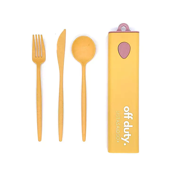 Reusable cutlery set in yellow includes, fork, knife and spoon.