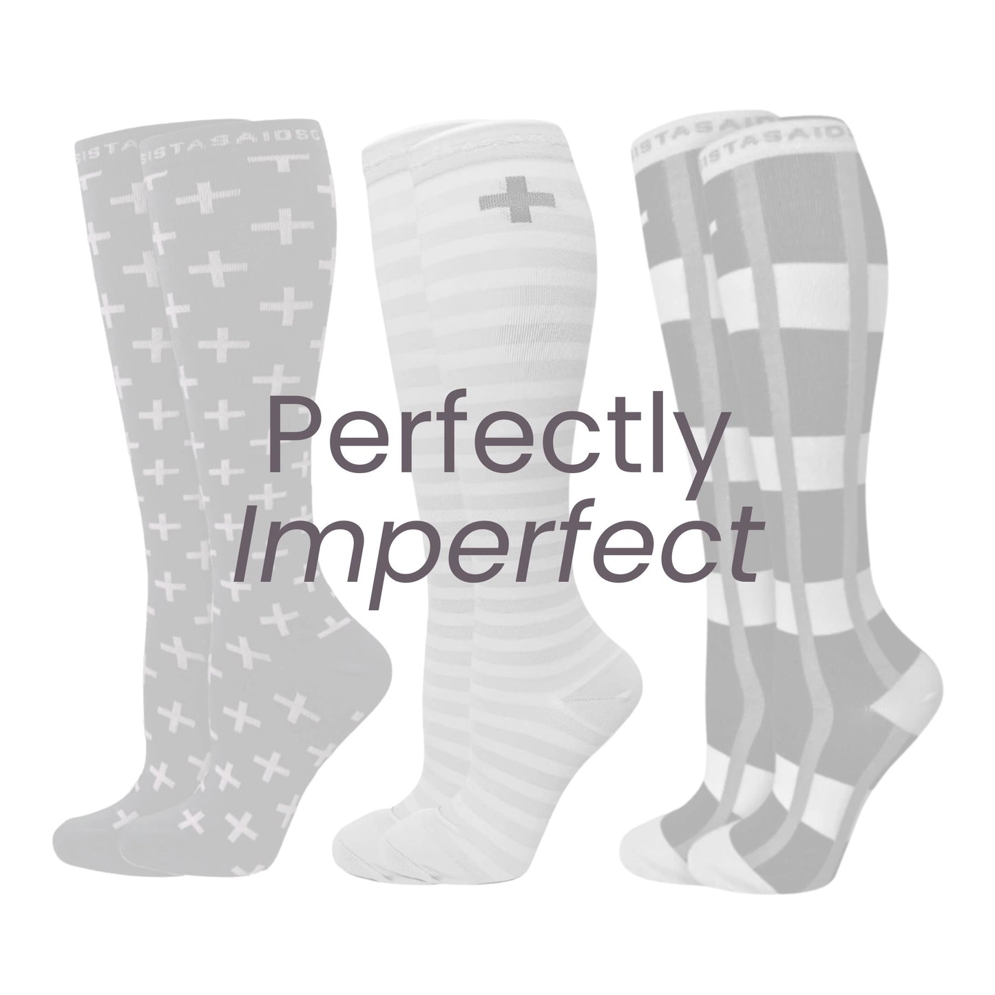 Three pairs of colourful compression socks with text reading "Perfectly Imperfect" sustainable $10 socks with small quirks, part of the Sistasaidso+ collection.