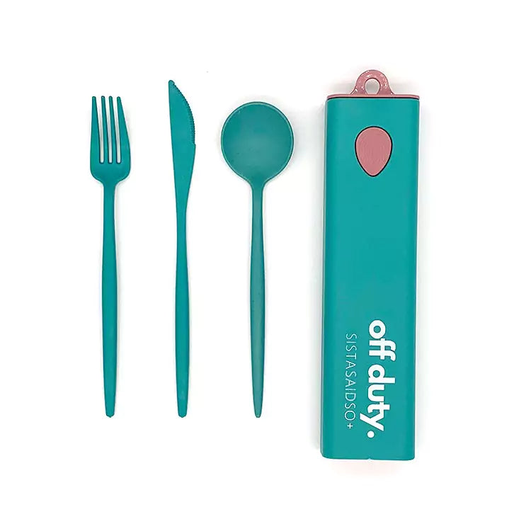 Reusable cutlery set in teal includes, fork knife and spoon.
