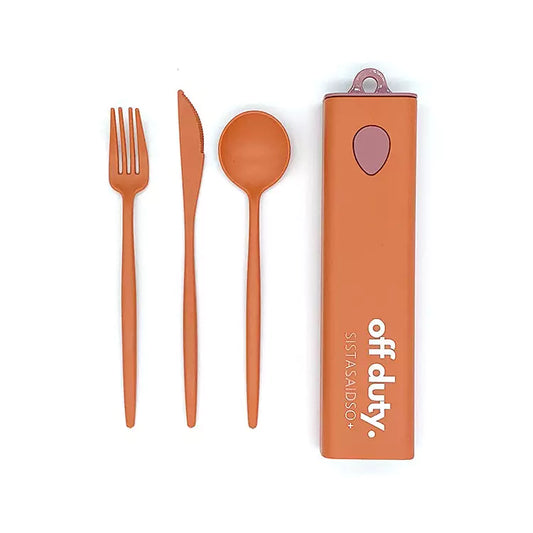 Reusable cutlery set in orange includes, fork, knife and spoon.
