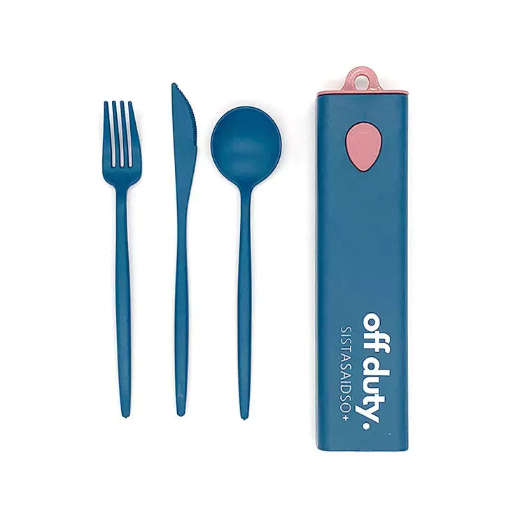 Reusable cutlery set in navy with fork, knife and spoon.