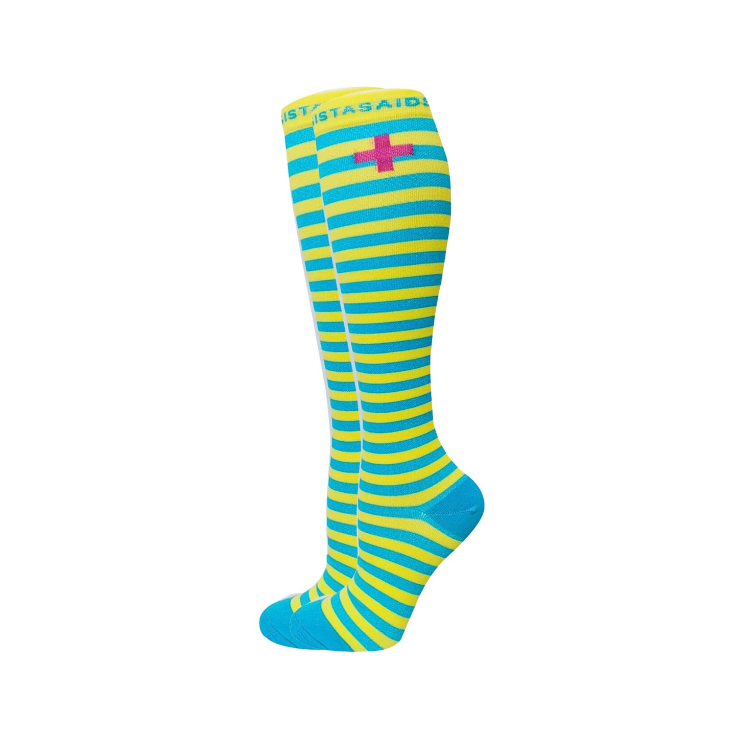 Overtime Sunshine Yellow Capri Blue Stripe Compression Socks