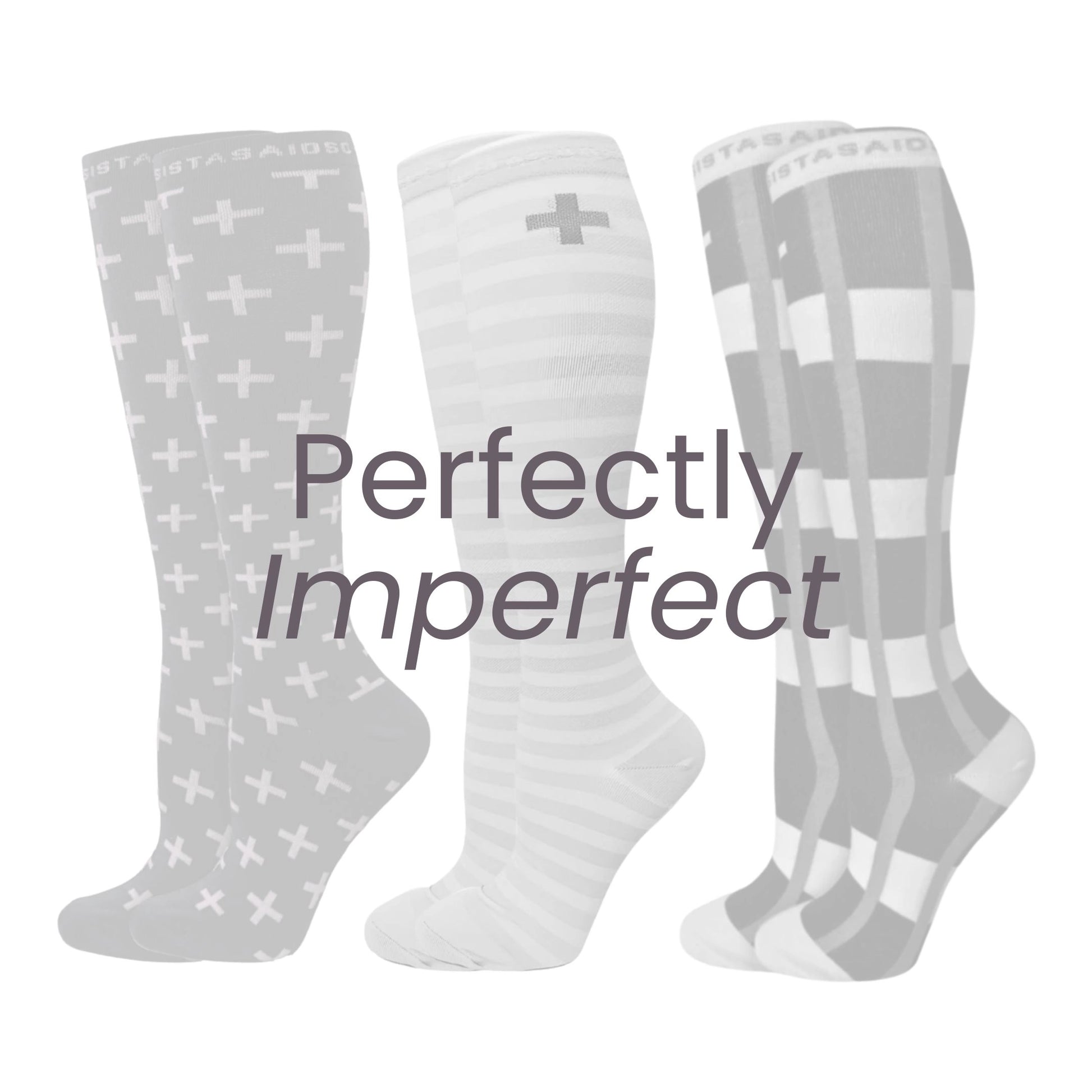 Three pairs of colourful compression socks with text reading "Perfectly Imperfect" sustainable $10 socks with small quirks, part of the Sistasaidso+ collection.