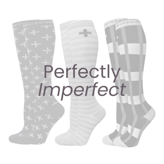 Three pairs of colourful compression socks with text reading "Perfectly Imperfect" sustainable $10 socks with small quirks, part of the Sistasaidso+ collection.